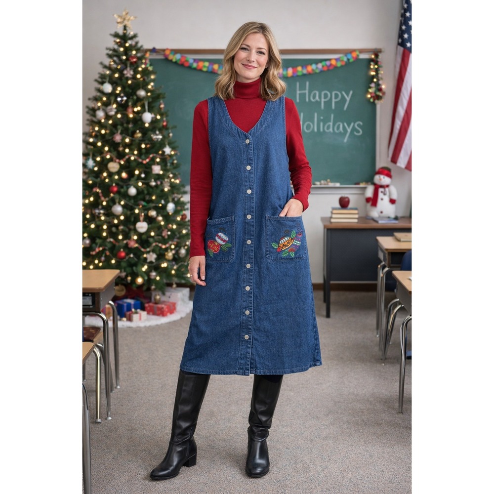 Vintage Christmas Denim Jumper Dress Womens 12 Embroidered Teacher Midi